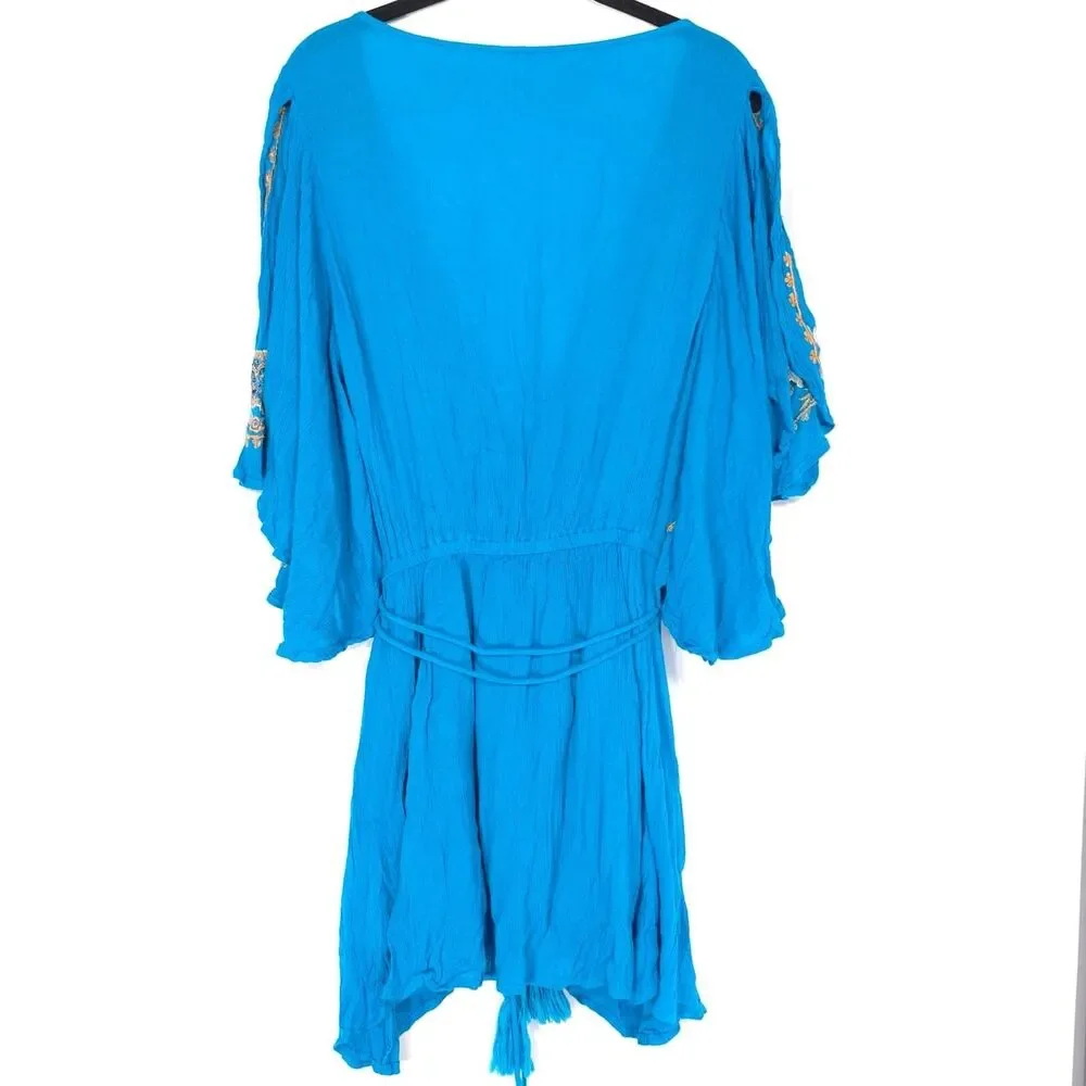 Free People Mini Dress Size S/P Embroidered Tie Waist Boho Blue Viscose OB600169